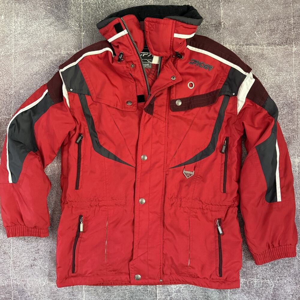 Men's Vintage 90's Spyder Red Gray Winter Hooded Zip Snowboard Ski Jacket Sz XL